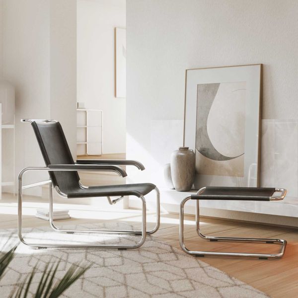 Thonet S 35 L + S 35 LH Sessel incl. Hocker, Stahlrohr verchromt, Kernleder schwarz, Ausstellungsstück