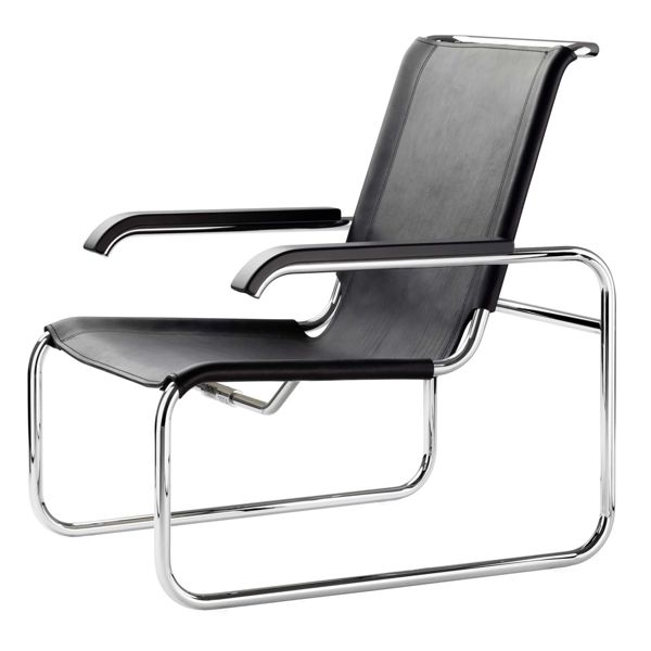 Thonet S 35 L + S 35 LH Sessel incl. Hocker, Stahlrohr verchromt, Kernleder schwarz, Ausstellungsstück