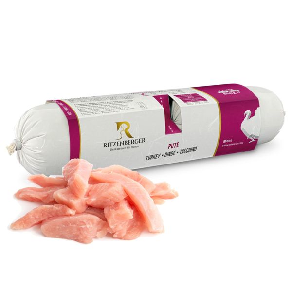 Ritzenberger Hunde Menü Pute mit Süßkartoffel und Zucchini 2x400g Duo-Rolls