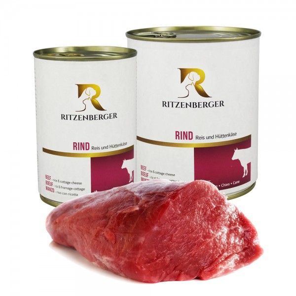 Ritzenberger Dose Rind mit Reis & Hüttenkäse 800g - Hundefutter Menü