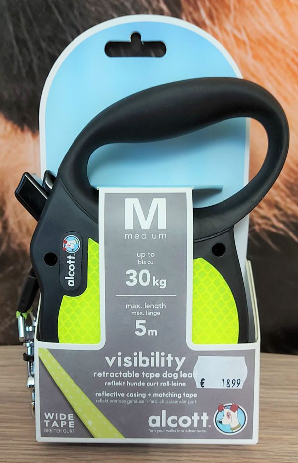 Alcott Visibility Automatik-Rollleine M neongelb-schwarz mit Reflektor für Hunde bis 30kg