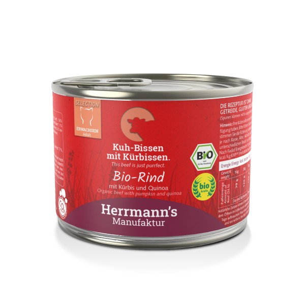 Herrmann's Katzen Dose - Bio-Rind mit Kürbis und Quinoa - 200g Katzen Nassfutter