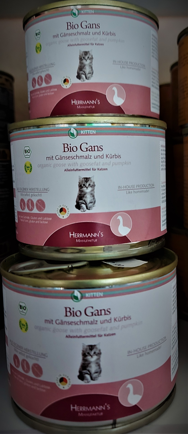 Herrmann's Katzen Dose - Bio-Gans mit Gänseschmalz, Kürbis & Kokosflocken - 200g Kitten Nassfutter - 1stes Jahr