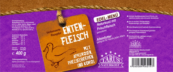 Tarus Naturkost Hund - Edel Menü Dose: Ente mit Aprikose 400g
