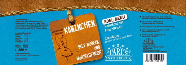 Tarus Naturkost Hund - Edel Menü Dose: Kaninchen und Rind mit Nudeln und Wurzelgemüse 800g