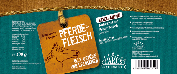 Tarus Naturkost Hund - Edel Menü Dose: Pferdefleisch mit Gemüse und Leinsamen 400g
