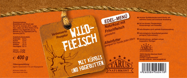 Tarus Naturkost Hund - Edel Menü Dose: Wildfleisch mit Kürbis & Hagebutte 400g
