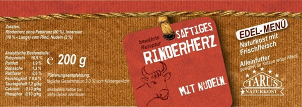 Tarus Naturkost Katze - Rinderherz mit Nudeln 200g - Menü für Katzen
