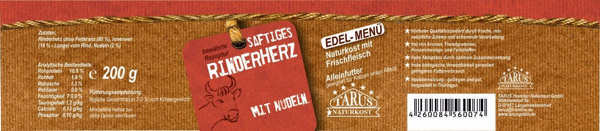 Tarus Naturkost Katze - Rinderherz mit Nudeln 200g - Menü für Katzen

