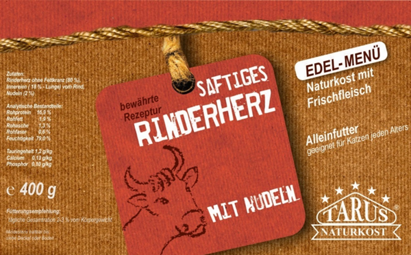 Tarus Naturkost Katze - Rinderherz mit Nudeln 400g - Menü für Katzen
